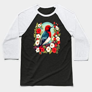 Cute Red Headed Woodpecker Surrounded by Vibrant Flowers Baseball T-Shirt